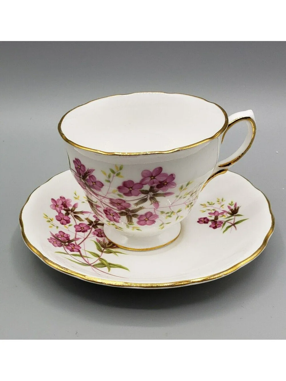 Royal Vale Teacup & Saucer Petite Violet Flowers Fine Bone China England Ridgway